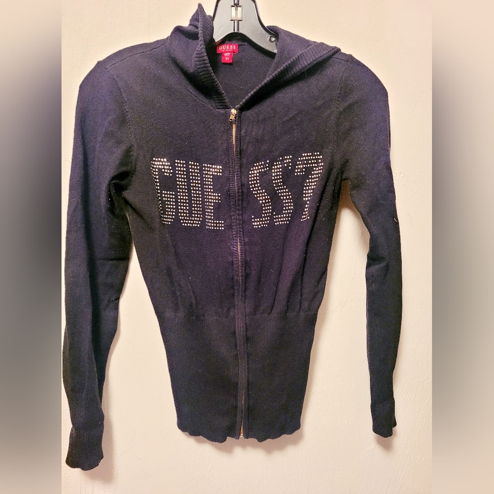 Guess Black Rhinestone Zip-Up Sweater